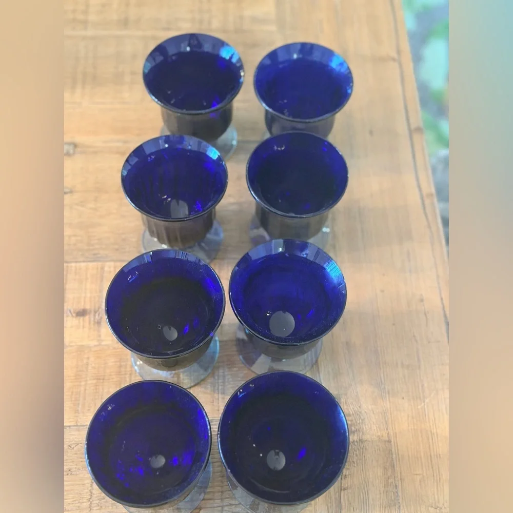 8 Handblown Cobalt Drinking Glasses. 4”T. Pedestal | Vintage | Vibrant | EUC